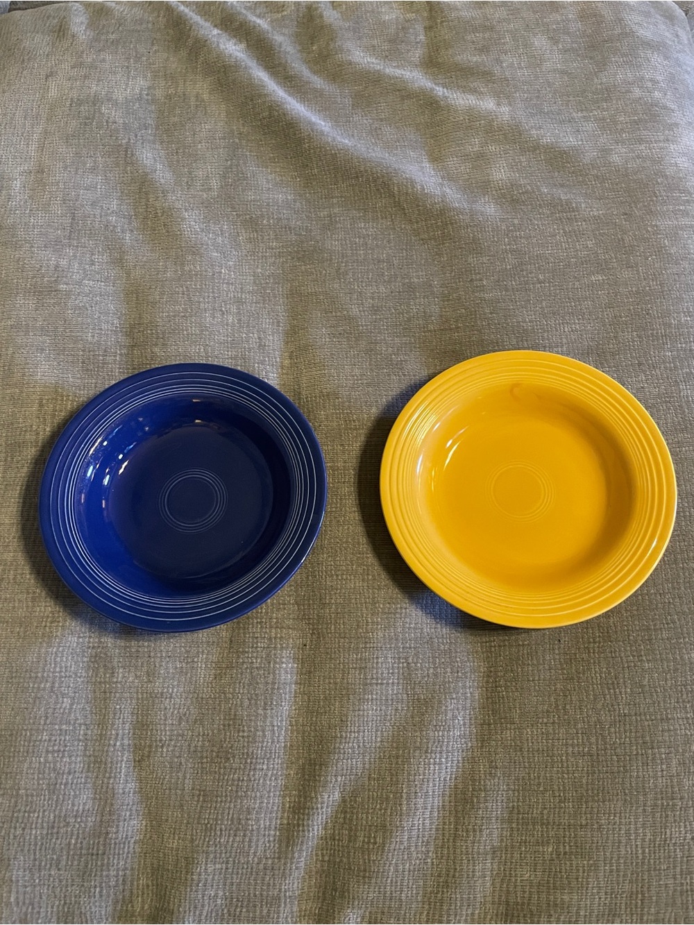 TWO Vintage Fiesta Ware Soup Bowls Yellow & Cobalt Blue 8 3/8”